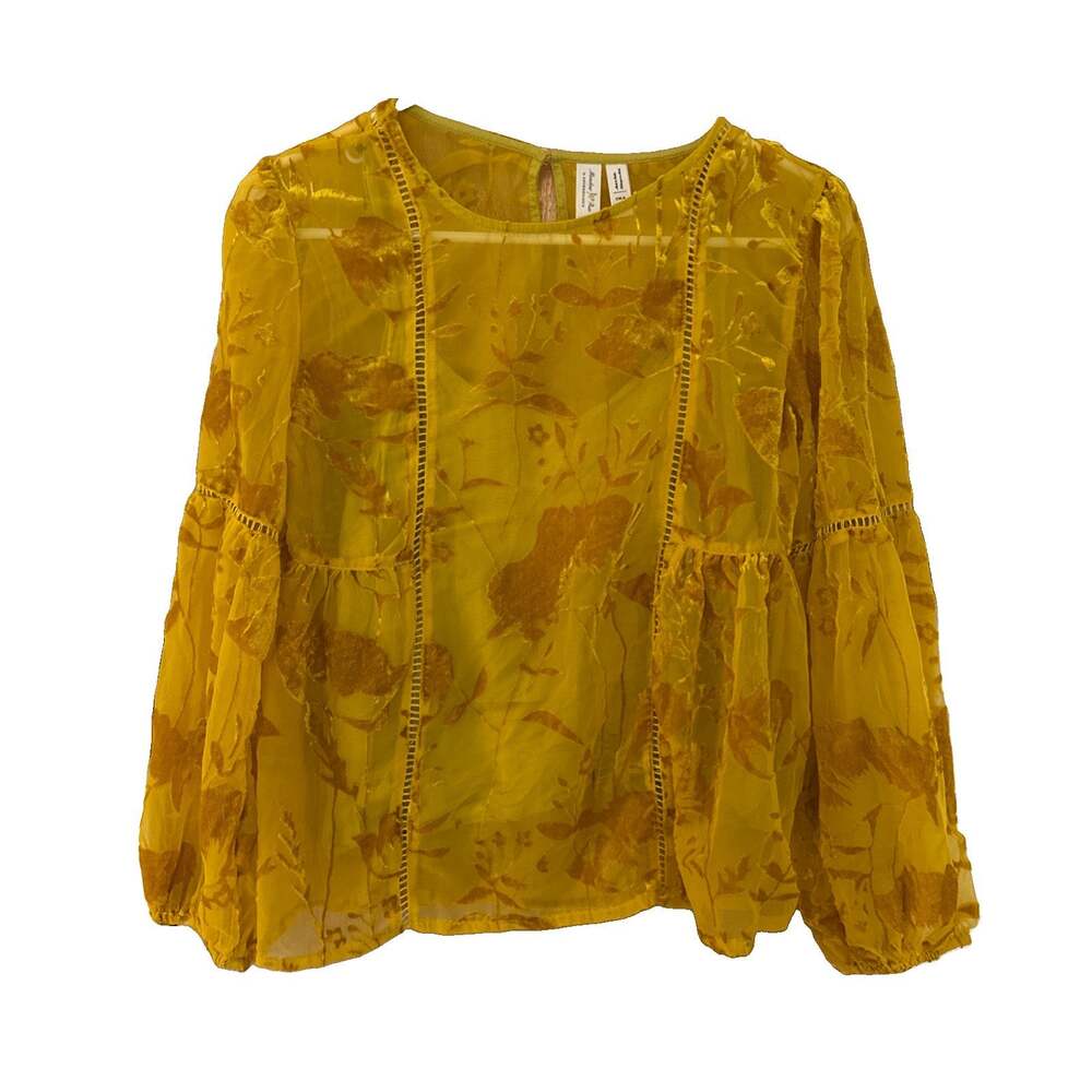 Meadow Rue Anthropologie Mustard Yellow Velvet Sheer Peasant Boho Blouse Women 2